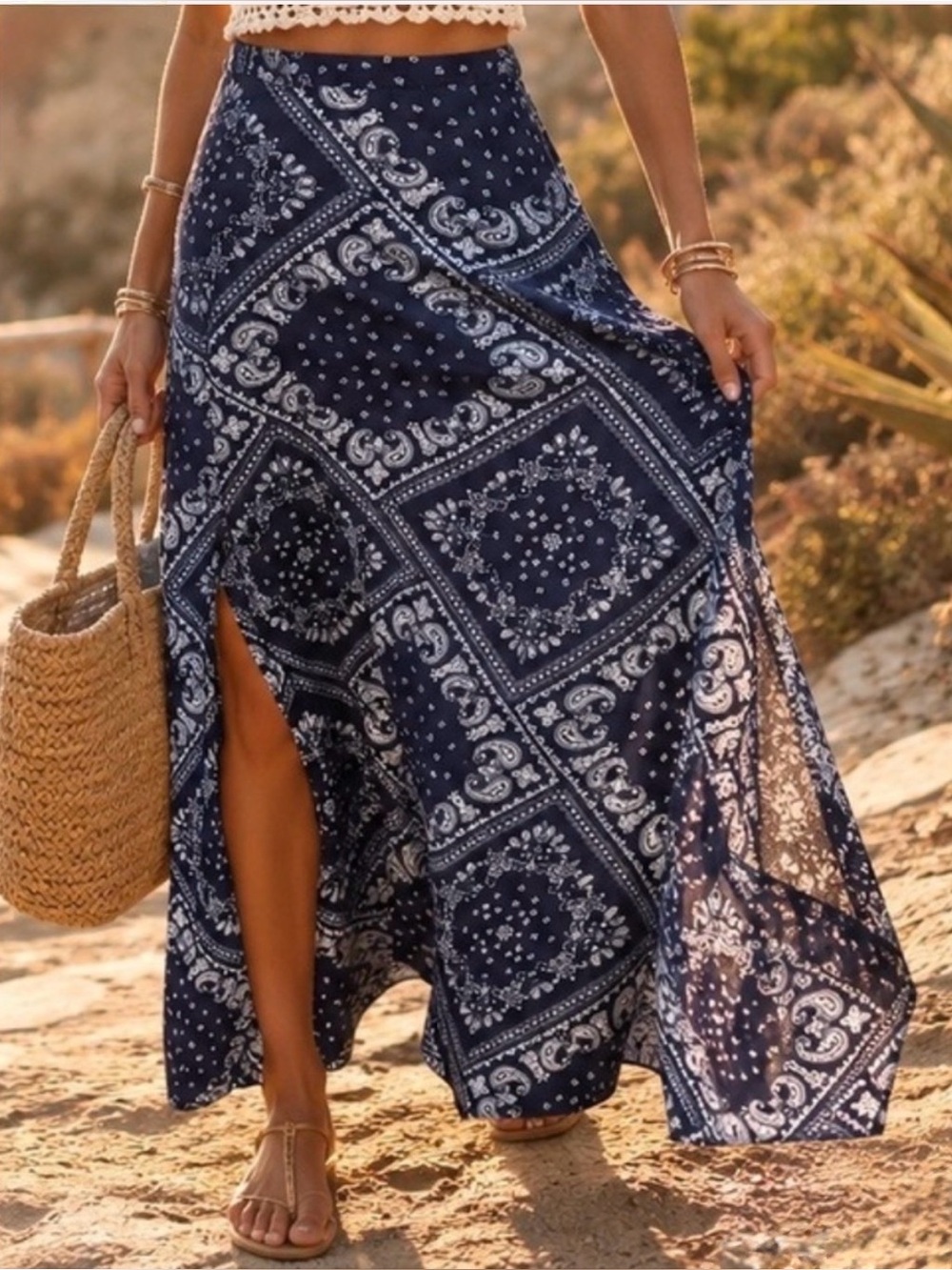 Natural Life Ginger Bandana Print Side Slit Maxi Skirt